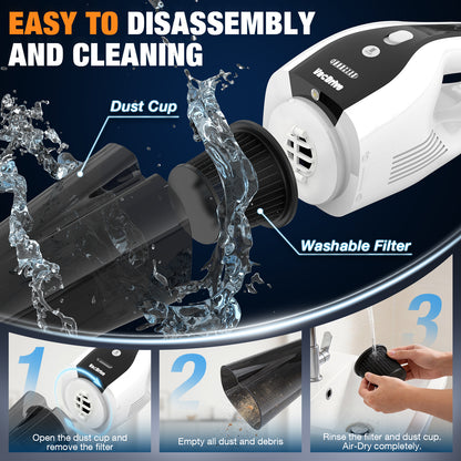 Handheld Vacuum Cordless, Ultra-Strong Suction Car Vacuum Portable Cordless, Rechargeable Hand Held Car Vacuum Cleaner High Power with Brushless Motor&Washable Filter for Car, Home, Pets, White&Black