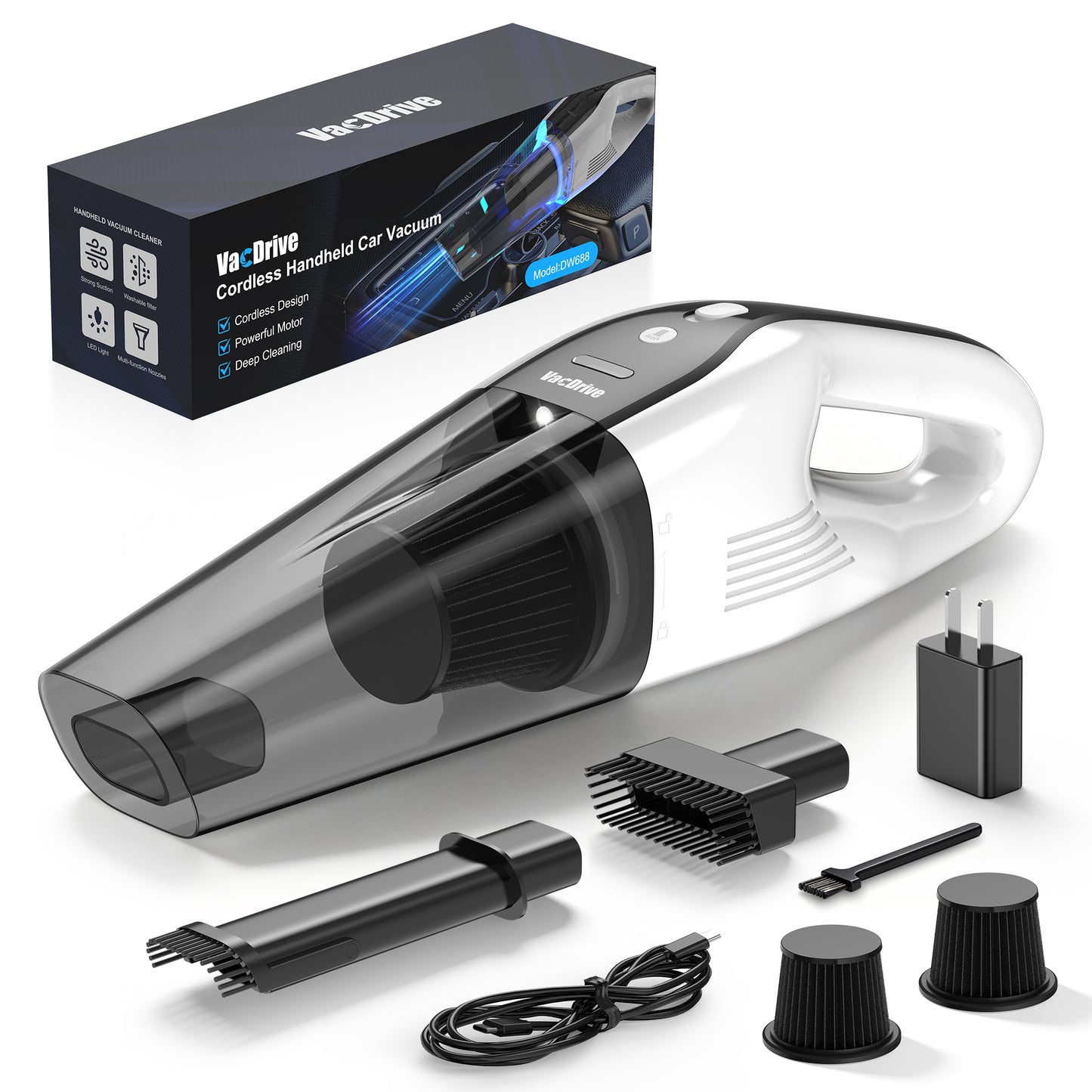 Handheld Vacuum Cordless, Ultra-Strong Suction Car Vacuum Portable Cordless, Rechargeable Hand Held Car Vacuum Cleaner High Power with Brushless Motor&Washable Filter for Car, Home, Pets, White&Black