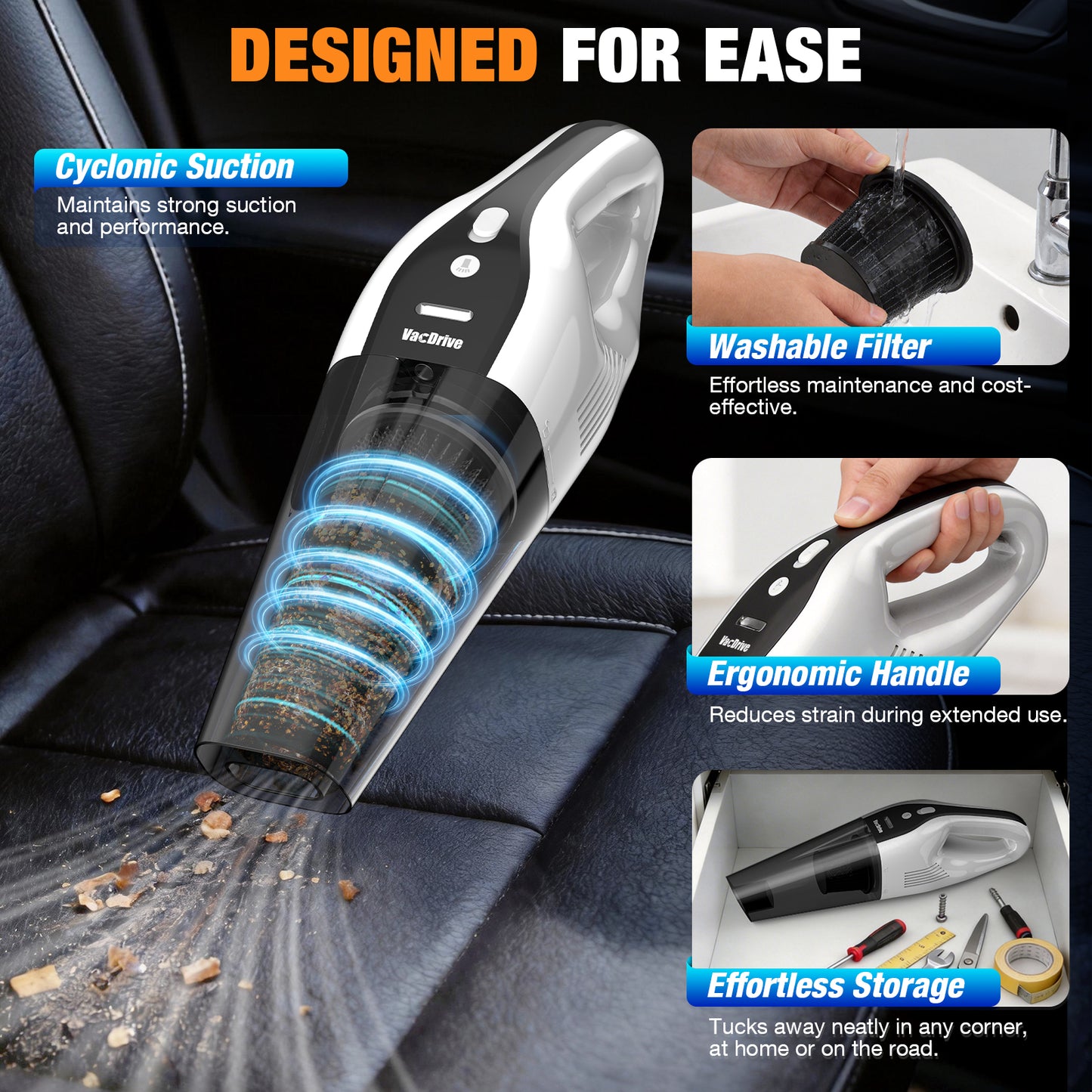 Handheld Vacuum Cordless, Ultra-Strong Suction Car Vacuum Portable Cordless, Rechargeable Hand Held Car Vacuum Cleaner High Power with Brushless Motor&Washable Filter for Car, Home, Pets, White&Black