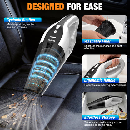 Handheld Vacuum Cordless, Ultra-Strong Suction Car Vacuum Portable Cordless, Rechargeable Hand Held Car Vacuum Cleaner High Power with Brushless Motor&Washable Filter for Car, Home, Pets, White&Black